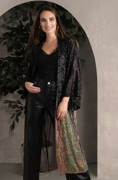 Sequin Kimono Duster Formal Black Sequin Kimono, Kimono Duster, Black Sequins, Dress To Impress, Sequin, Sleeve Length, Spandex, Pet, Dresses