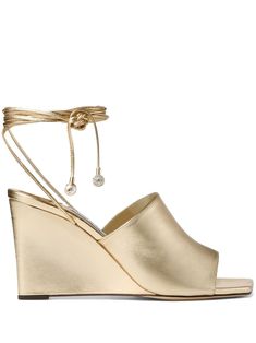 gold-tone leather metallic effect square toe open toe tie-fastening ankle strap branded footbed high wedge heel Jimmy Choo Gold, Evening Heels, Satin Pumps, Leather Wedge Sandals, Jimmy Choo Shoes, Footwear Design Women, Sandals For Sale, Color Dorado, Leather Wedges