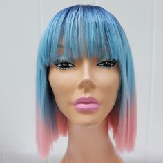 Cotton Candy Bob Cut Wig With Bangs Fades From Dark Blue Roots To Light Blue Middle (Bangs) And Light Pink Base Gorgeous And Well Taken Care Of Synthetic Hair, Do Not Wash. Comb Only. For Best Care Keep On Wig Stand Or Mannequin Head. *Mannequin Head Pictured, Not Included But Is For Sale In My Shop If You Want To Bundle. I Love How Her Eyes And Lips Match The Wig. Blue Bob Wig, Pink And Blue Lace Front Wig, Pink Bob Wigs With Bangs, Blue Heat Resistant Wig With Bangs, Electric Blue Hair Wig, Blue Roots, Bob Cut Wigs, Wig Stand, Bob Cut