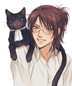 a man with glasses holding a cat on his shoulder and looking at the camera while wearing a white shirt