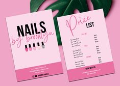 the nails by brooklyn price list is displayed on a pink background next to a green leaf