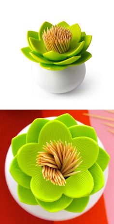 two pictures of flowers in a vase with chopsticks on the side, and another photo of a flower in a bowl with chopsticks on the other side