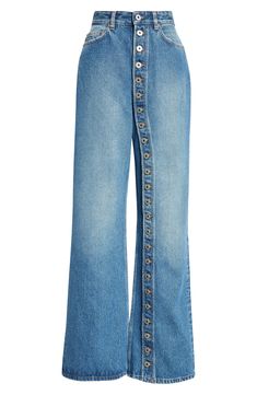 An exposed button fly continues down one leg of these wide-leg jeans crafted of nonstretch denim in a vintage-inspired wash and finished with an Haute Jeanerie label at the back. 34" inseam; 24" leg opening; 13 1/2" front rise; 16" back rise (size 29) Exposed button fly Five-pocket style 100% cotton Machine wash, line dry Made in Italy Designer Clothing All Denim Outfits, Denim Wide Leg, Weird Fashion, Paul Gaultier, Basic Outfits, Wide Leg Denim, Jean Paul