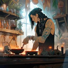 a man with long hair cooking in a kitchen next to a skull on the counter