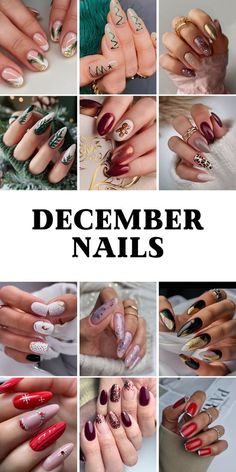 December Birthday Nail Designs, Nails For Early December, December Gel Nails Ideas, Nail For December, Almond Shaped December Nails, Maroon And Gold Christmas Nails, Sparkle Acrylic Nail Designs, Holiday Nails Almond Shape Sparkle, Christmas Nail Ideas Acrylic Almond