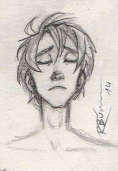 a drawing of a boy with eyes closed and his head tilted to the side,