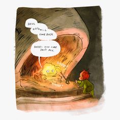 a child is looking at a fire in a fireplace with two speech bubbles above it