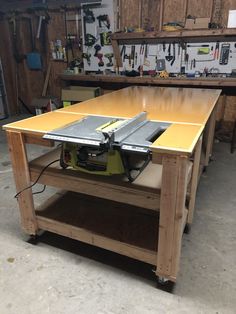 a workbench with a table saw on it