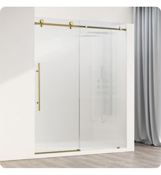 a bathroom with a glass shower door and wooden flooring next to a curtained window