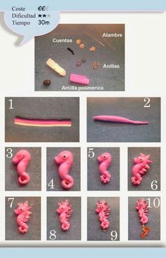 the instructions for how to make pink polymer seahorses with beads and other items