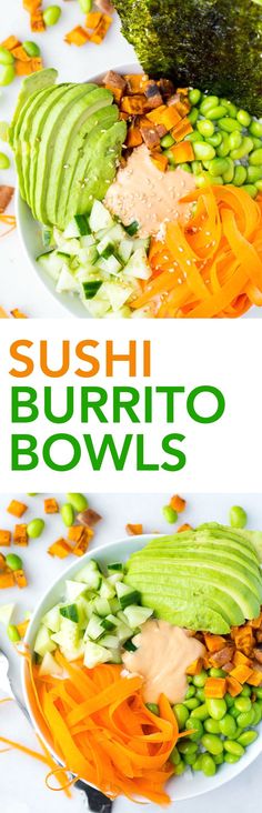 sushi burrito bowls with avocado and carrots