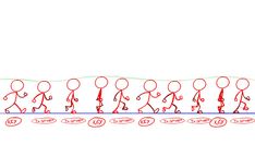 a drawing of a line of people walking in opposite directions, with one person on the other side