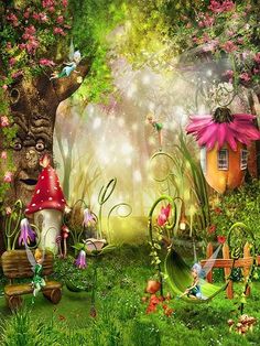 an image of a fairy garden scene with mushrooms and gnomes in the woods,