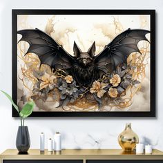 a painting of a bat with flowers on it's chest in front of a white wall