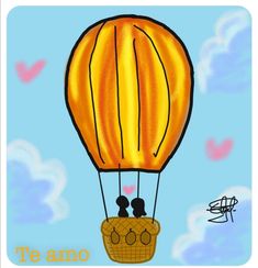 a drawing of a hot air balloon flying in the sky with two birds on it