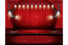 an empty stage with red curtains and spotlights