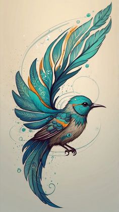 a painting of a bird with feathers on it's wings