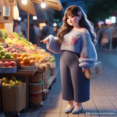 a woman is standing in front of a fruit stand pointing at something on the ground