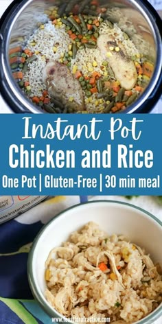 instant pot chicken and rice in a bowl with text overlay that reads instant pot chicken and rice