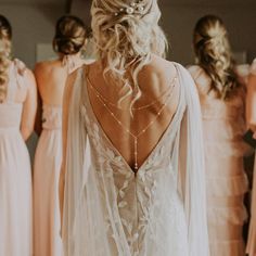 the back of a bride's dress in front of other bridesmaids