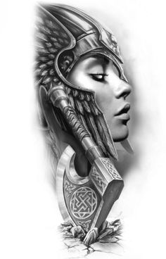 a woman's face with an elaborate headdress and a helmet on it