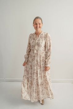 Adriana Floral Maxi Dress in Hazelnut Welcome September, Floral Long Sleeve Dress, Jean Skirts, Be Intentional, Sweater Season, Ruffled Neckline, Modest Clothing, Skirt Long, Garment Labels