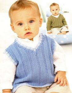 a baby wearing a blue knitted sweater and white shirt sitting in front of the camera