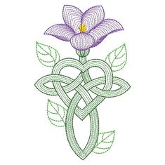 a purple flower with green leaves in the center and an intertwined knot around it