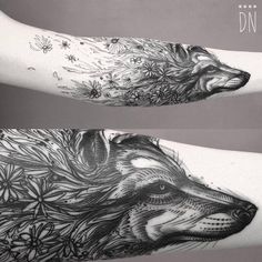 two tattoos on one arm and the other with an image of a wolf's head