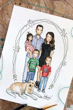 a drawing of a family with two children and a dog on a piece of paper