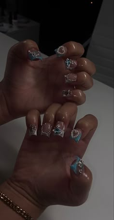 Girly Acrylic Nails Square, Butterfly Square Nails, Short Nail Rhinestone Design, Plain Nails With Gems, Nails With Charms Short, Medium Junk Nails, Cute Natural Nail Designs, Nail With Charms, Blue Square Acrylic Nails