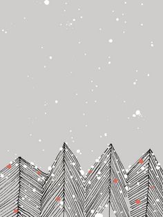 the mountains are covered in snow with trees on each side and red dots at the top