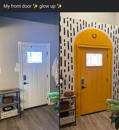 two photos side by side one has a yellow door and the other has a black and white wall