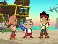 three children are standing on the beach in front of a pirate ship and an island