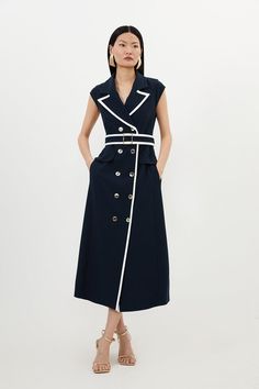 Feel Confident In Our Midi Dress, With A Shirt Style Design Featuring A Formal Collar, As Well As A Belted Waist For A Cinched Silhouette, And A Long, Flared Skirt. Style It With Block Heels Or Ankle Boots For A Look Perfect For Office Days, Then Wear It With Heeled Boots Or Strappy Heels For An Evening Look. Compact Stretch Double Breasted Belted Tipped Tailored Midi Dress Flattering Fit And Flare Silhouette Unique Contrasting Trim Details Classic Double Breasted Button Accents V Neckline Forma Long Flared Skirt, Plus Size Workwear, Summer Bridesmaid Dresses, Petite Business Casual, Ibiza Outfits, Navy Midi Dress, Skirt Style, Karen Millen, Flared Skirt