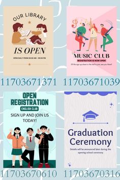 four different types of posters with the words graduation ceremony and music school written on them