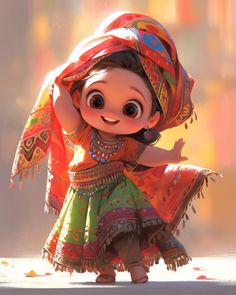 an animated character dressed in colorful clothing and headdress, with her arms outstretched