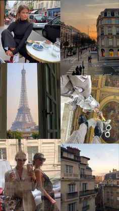 the collage shows people sitting at tables in front of the eiffel tower