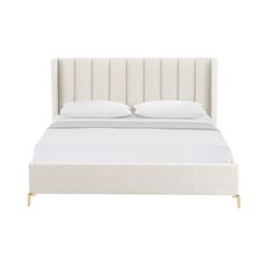 a bed with white linens and pillows on top of the headboard is shown in front of a white background