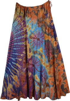 A multicolored flowy fiesta maxi skirt in soft rayon features multiple vertical columns of tie dye that flow to a beautiful full sweep, stitched beautifully. The fabric is extremely smooth to touch, drapes well and adapts well from warm daytime to cooler evenings. It has a drawstring which can be adjusted with a zipper on the side. You can wear it with a white tank top and blue flip flops and accessorize with a long silver tone necklace. Vacation Skirt, Vacation Skirts, Red Flip Flops, Long Skirt Summer, Skirt Beach, Blue Flip Flops, Hippie Skirts, Hippie Look, Trendy Skirts