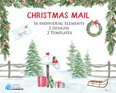 a christmas mail cover with presents and wreaths