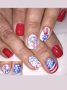 Rojo  Collar  ABS Plantas Uñas Lisas Embellished Firework Nails, Nail Shapes Square, Flag Nails, Fourth Of July Nails, 4th Of July Nails, White Acrylic Nails, July Nails, Nails For Women, Manicure Kit