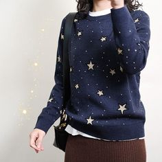 Blue Sweater With Stars, Star Sweater Aesthetic, Celestial Cardigan, Dark Blue Sweater Outfit, Dark Blue Outfit Aesthetic, Revolving Wardrobe, Constellation Clothes, Astronomy Outfit, Star Outfit Aesthetic