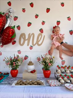 Baby Birthday Outfit, Berry 1st Birthday, Baby First Birthday Themes, Baby Birthday Themes, Berry First Birthday, One Year Birthday, 1st Birthday Party Decorations, Strawberry Party