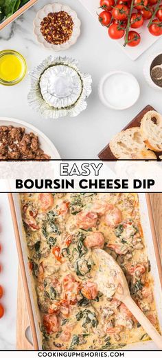 an easy and delicious recipe for boursin cheese dip with tomatoes, spinach, olives, garlic bread