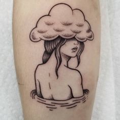 a woman with a cloud on her head is sitting in the water and she's floating