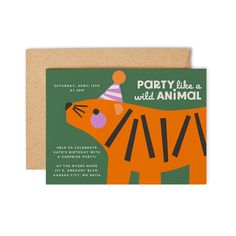 a birthday card with an orange tiger wearing a party hat