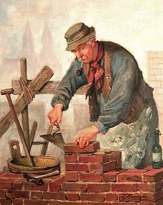 a painting of a man working on bricks with a hammer and brick block sawing