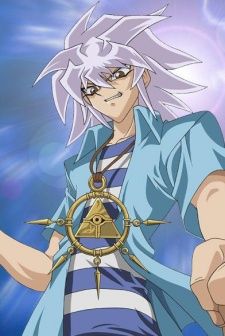 an anime character with white hair and blue eyes holding a gold object in his hand