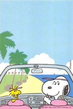 a cartoon dog driving a car next to a giraffe and palm tree in the background